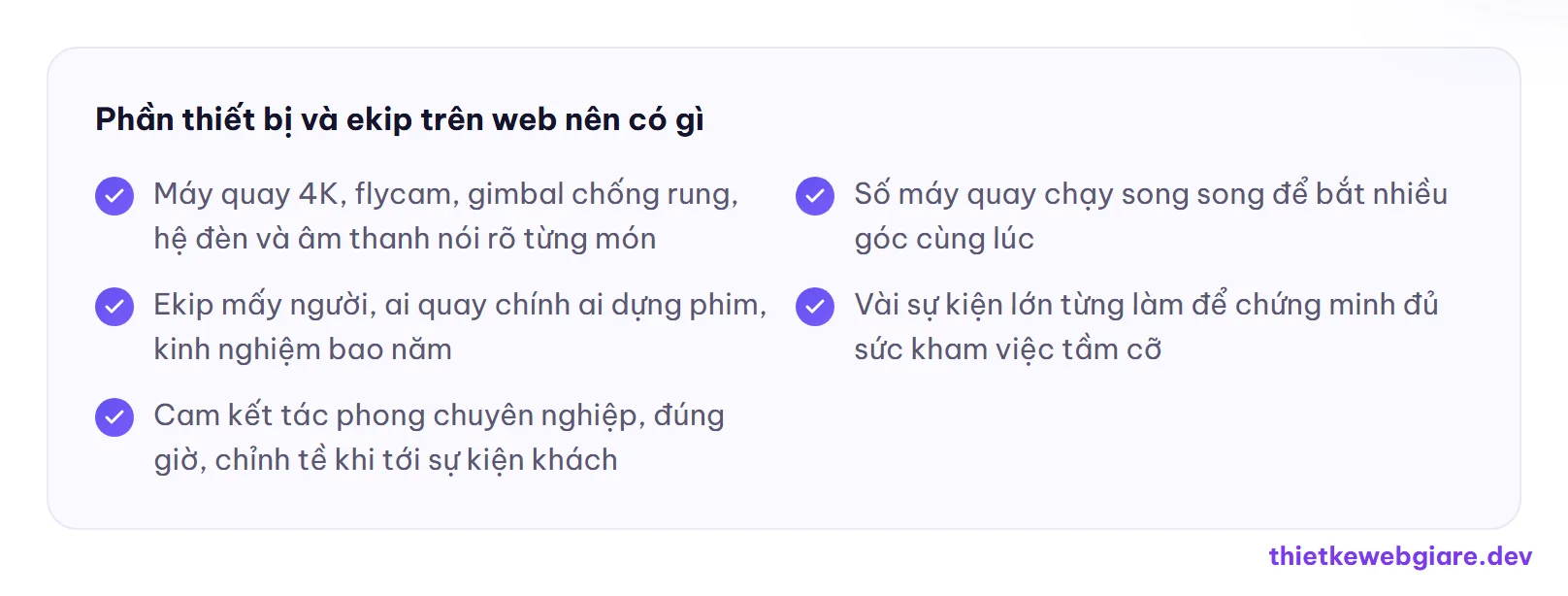 Phần thiết bị và ekip trên web nên có gì — thiết kế web dịch vụ quay phim sự kiện