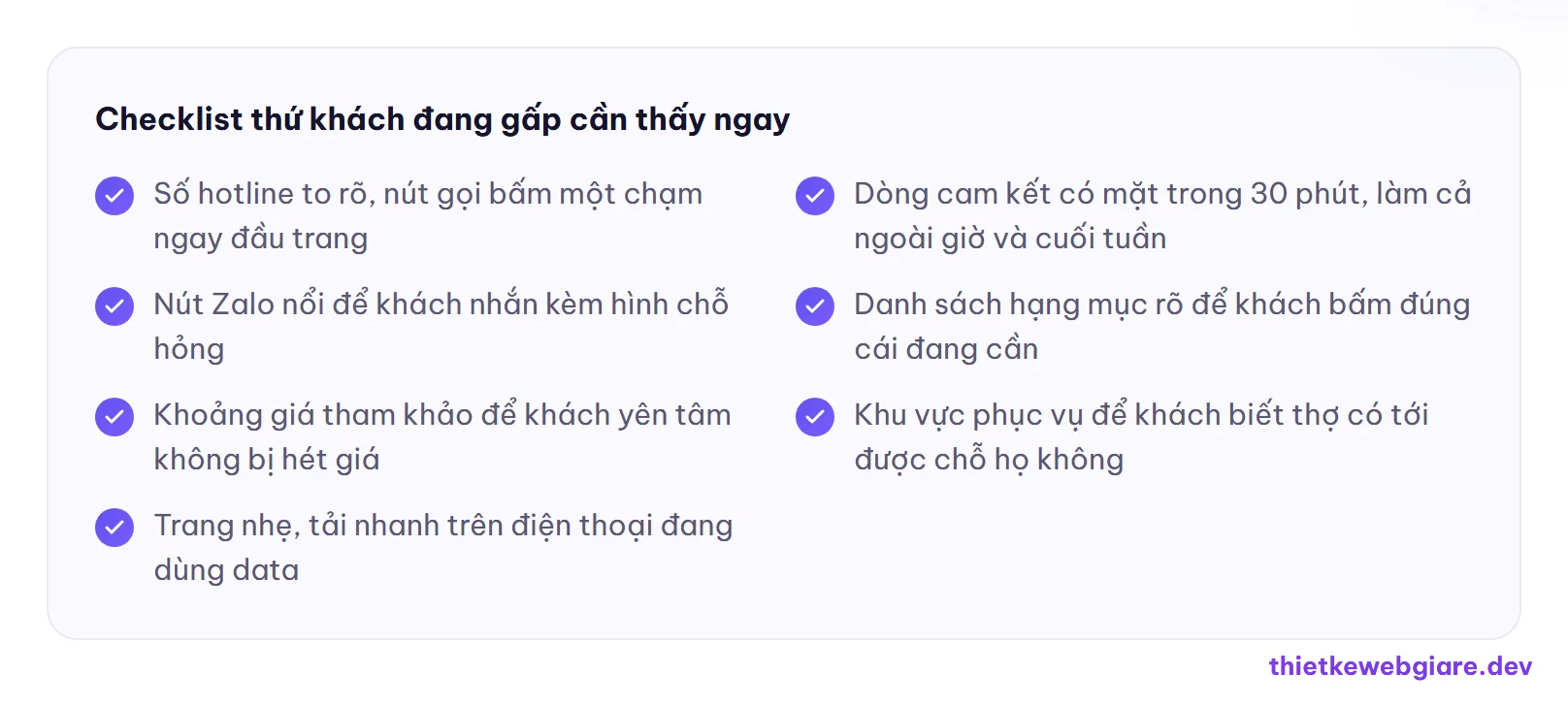 Checklist thứ khách đang gấp cần thấy ngay — thiết kế web dịch vụ sửa điện nước