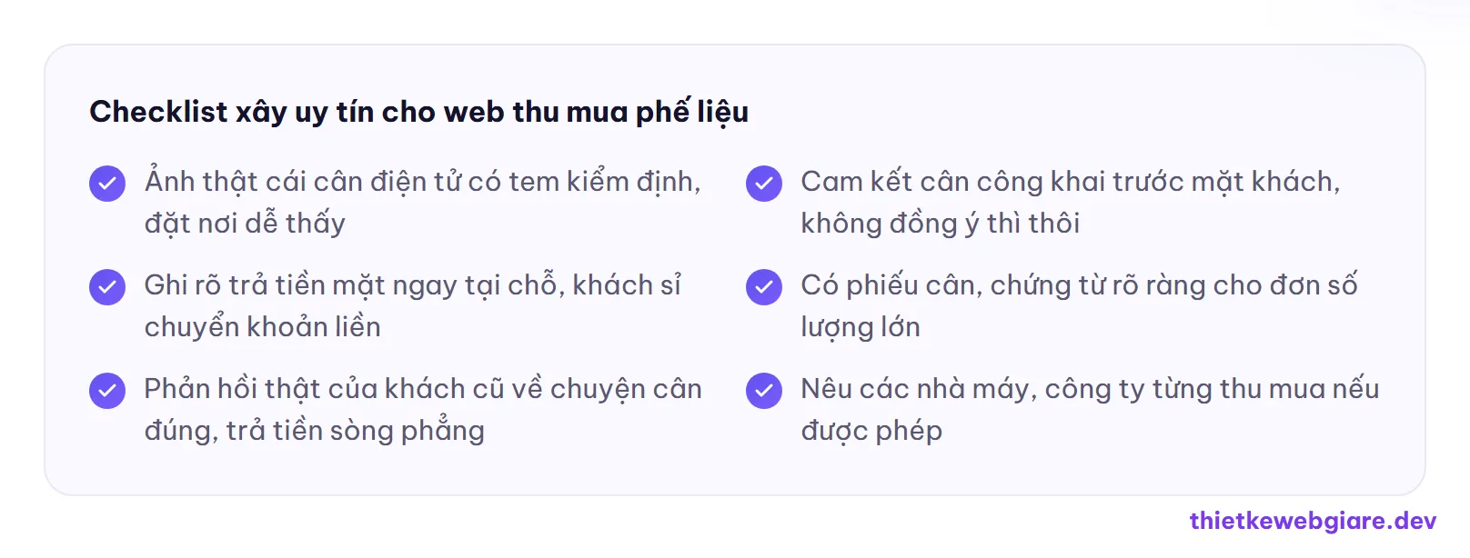 Checklist xây uy tín cho web thu mua phế liệu — thiết kế web thu mua phế liệu
