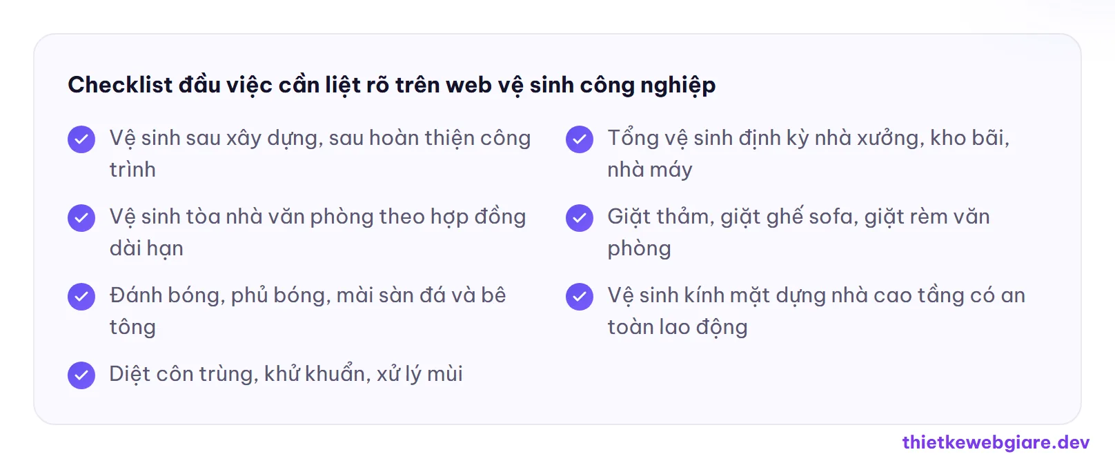 Checklist đầu việc cần liệt rõ trên web vệ sinh công nghiệp — thiết kế web dịch vụ vệ sinh công nghiệp