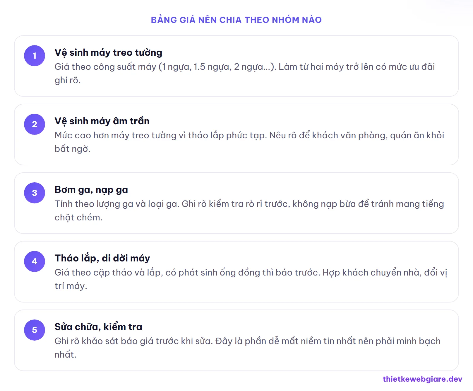 Bảng giá nên chia theo nhóm nào — thiết kế web dịch vụ vệ sinh máy lạnh