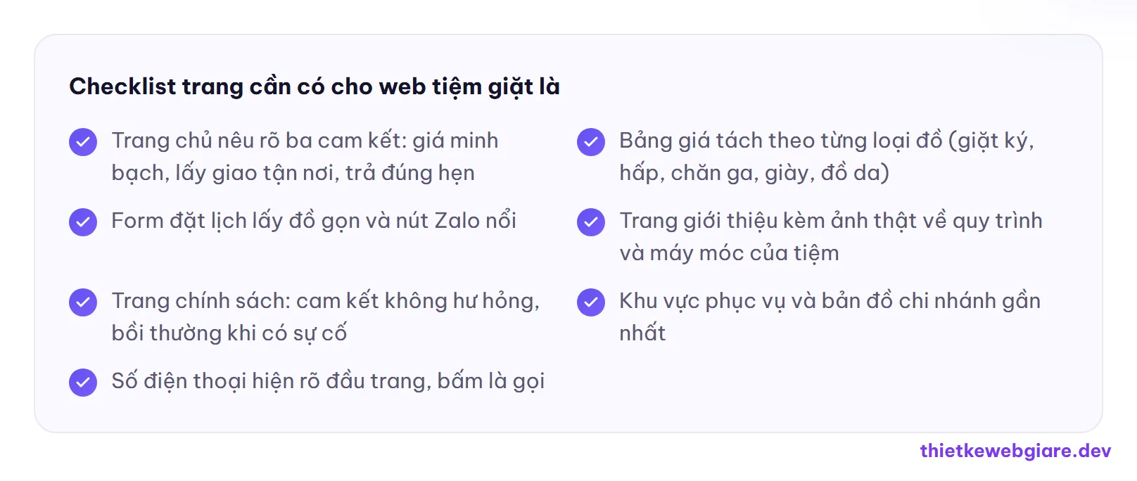Checklist trang cần có cho web tiệm giặt là — thiết kế web tiệm giặt là