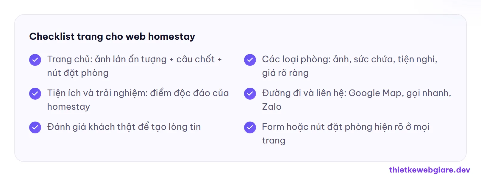 Checklist trang cho web homestay — thiết kế web homestay