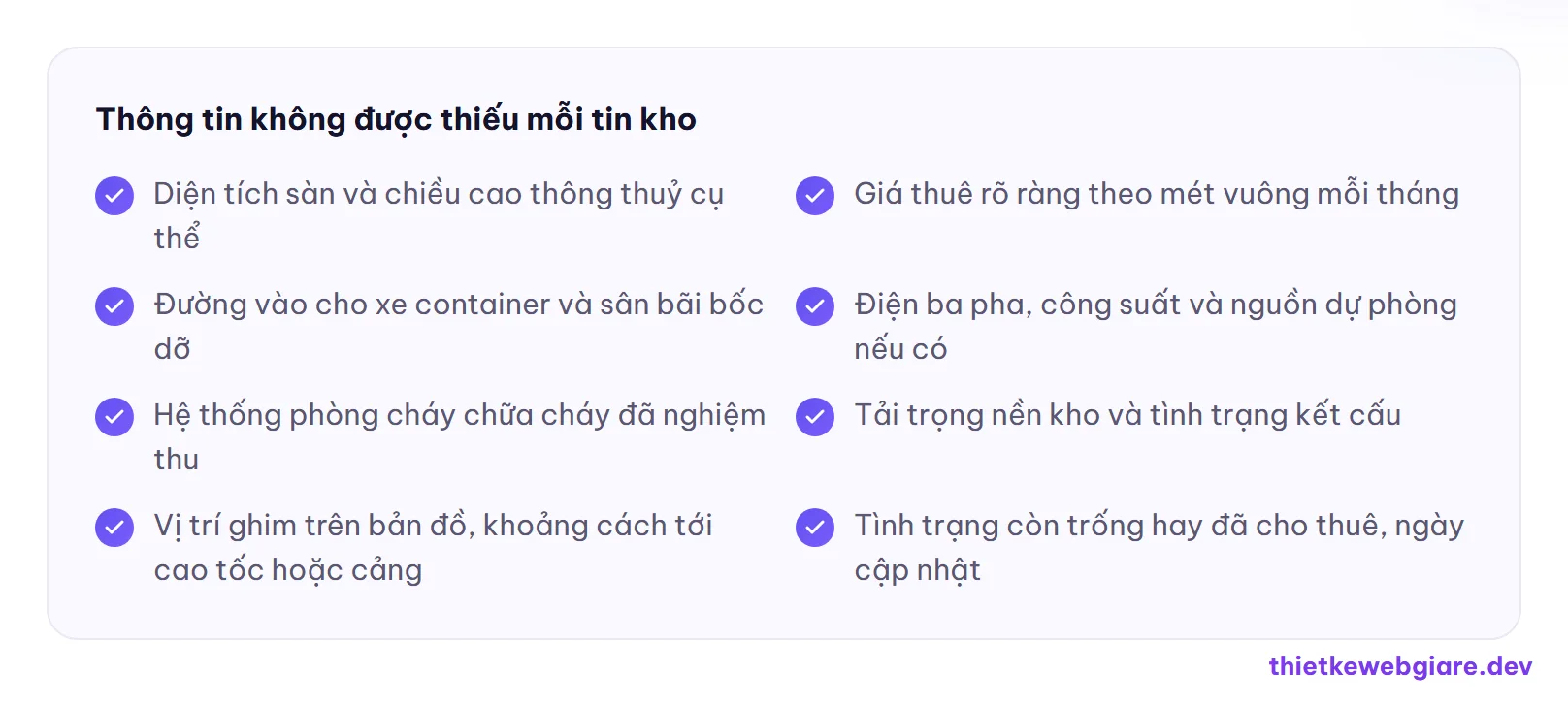Thông tin không được thiếu mỗi tin kho — thiết kế web cho thuê kho xưởng