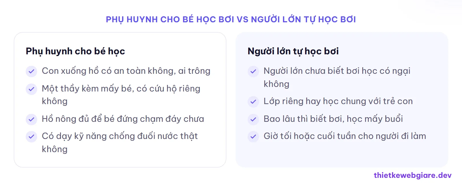Phụ huynh cho bé học bơi vs Người lớn tự học bơi — thiết kế web lớp dạy bơi