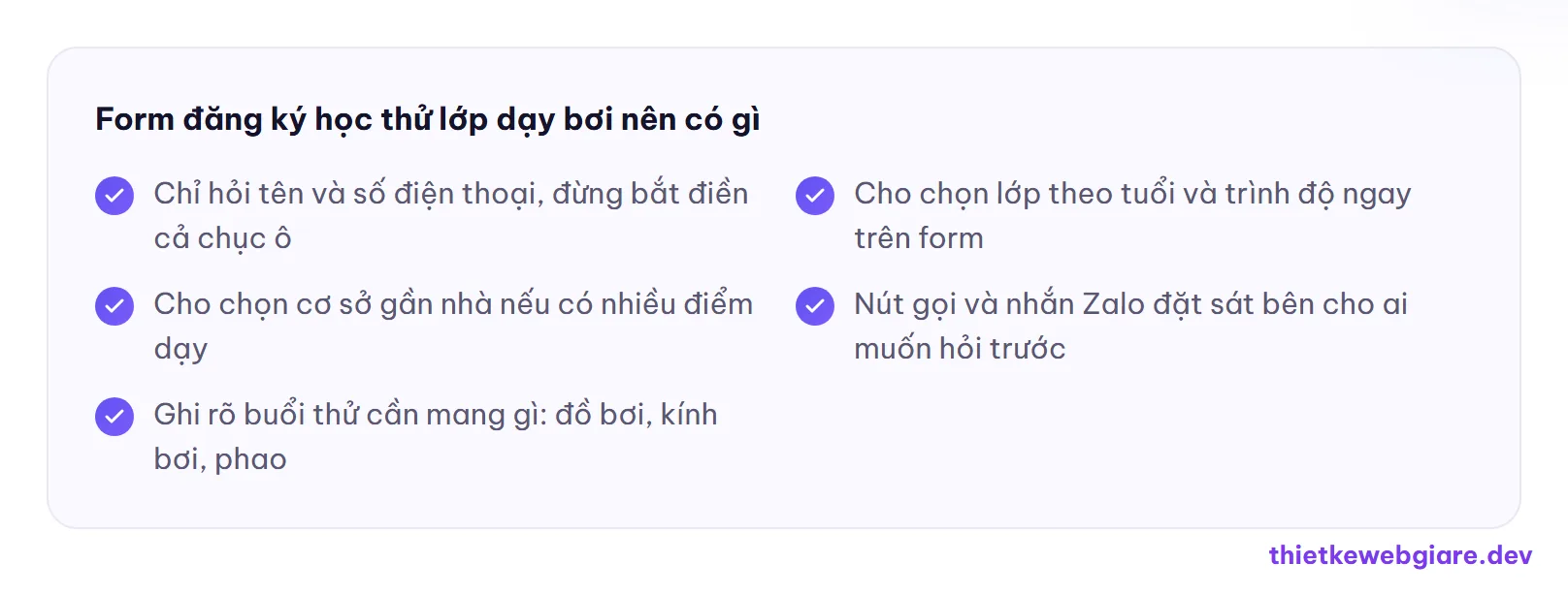 Form đăng ký học thử lớp dạy bơi nên có gì — thiết kế web lớp dạy bơi