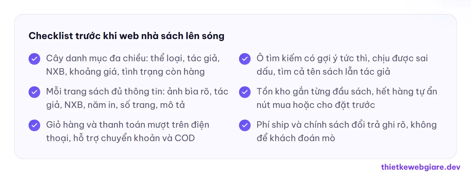 Checklist trước khi web nhà sách lên sóng — thiết kế web nhà sách