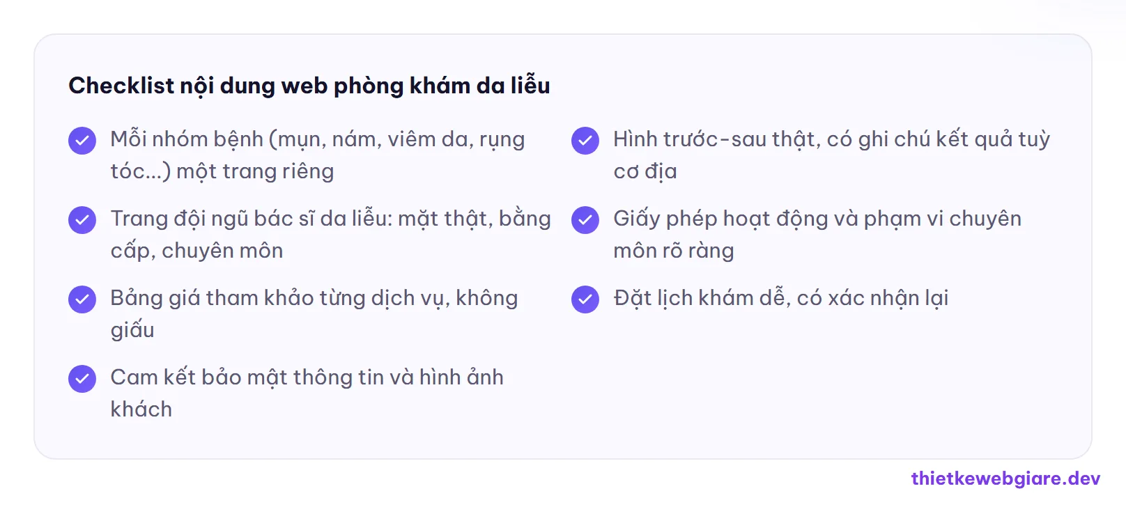 Checklist nội dung web phòng khám da liễu — thiết kế web phòng khám da liễu