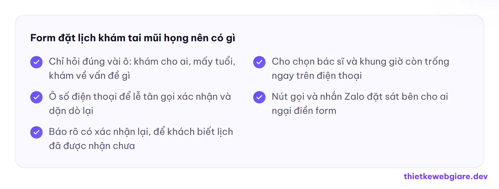 Form đặt lịch khám tai mũi họng nên có gì — thiết kế web phòng khám tai mũi họng