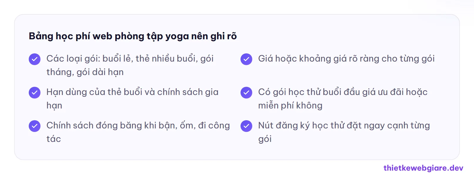 Bảng học phí web phòng tập yoga nên ghi rõ — thiết kế web phòng tập yoga