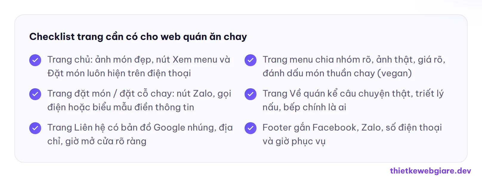 Checklist trang cần có cho web quán ăn chay — thiết kế web quán ăn chay