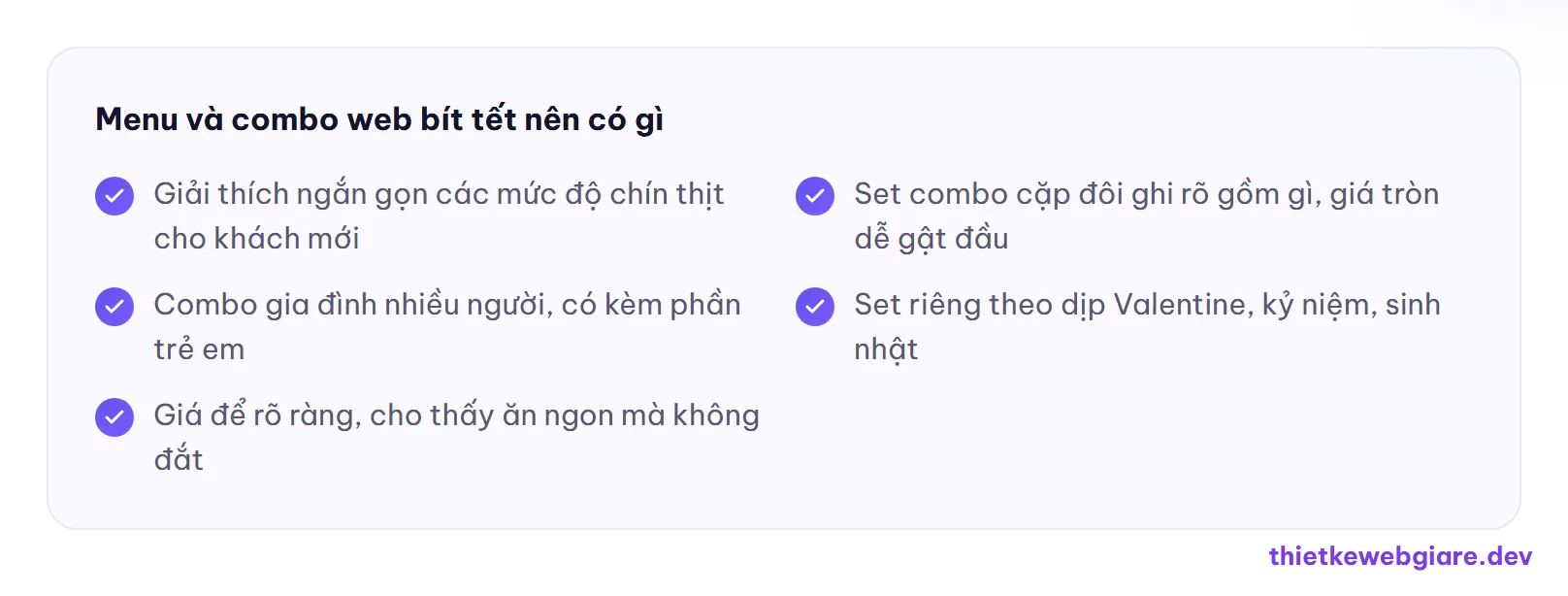 Menu và combo web bít tết nên có gì — thiết kế web quán bò bít tết