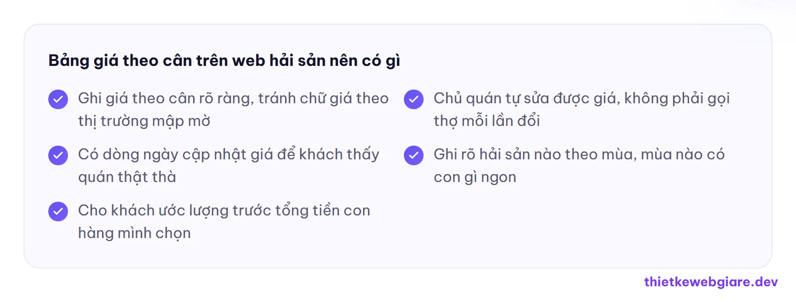 Bảng giá theo cân trên web hải sản nên có gì — thiết kế web nhà hàng hải sản