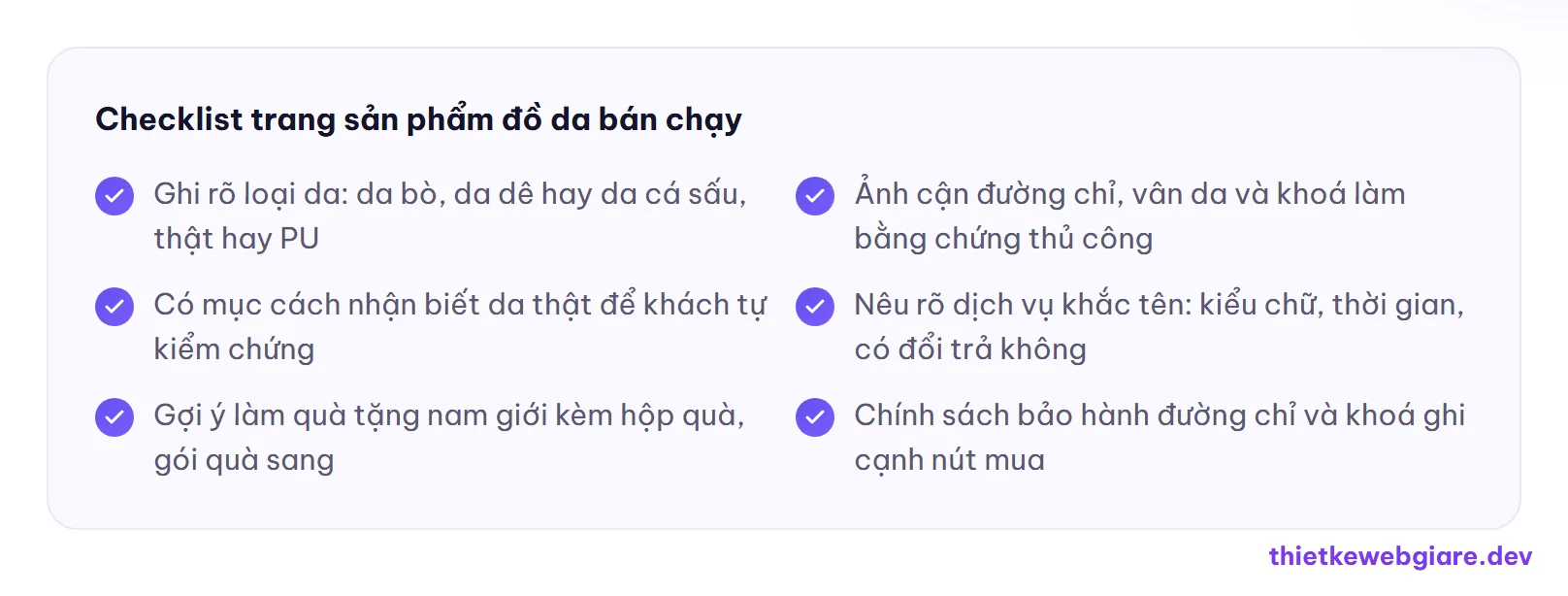 Checklist trang sản phẩm đồ da bán chạy — thiết kế web shop đồ da