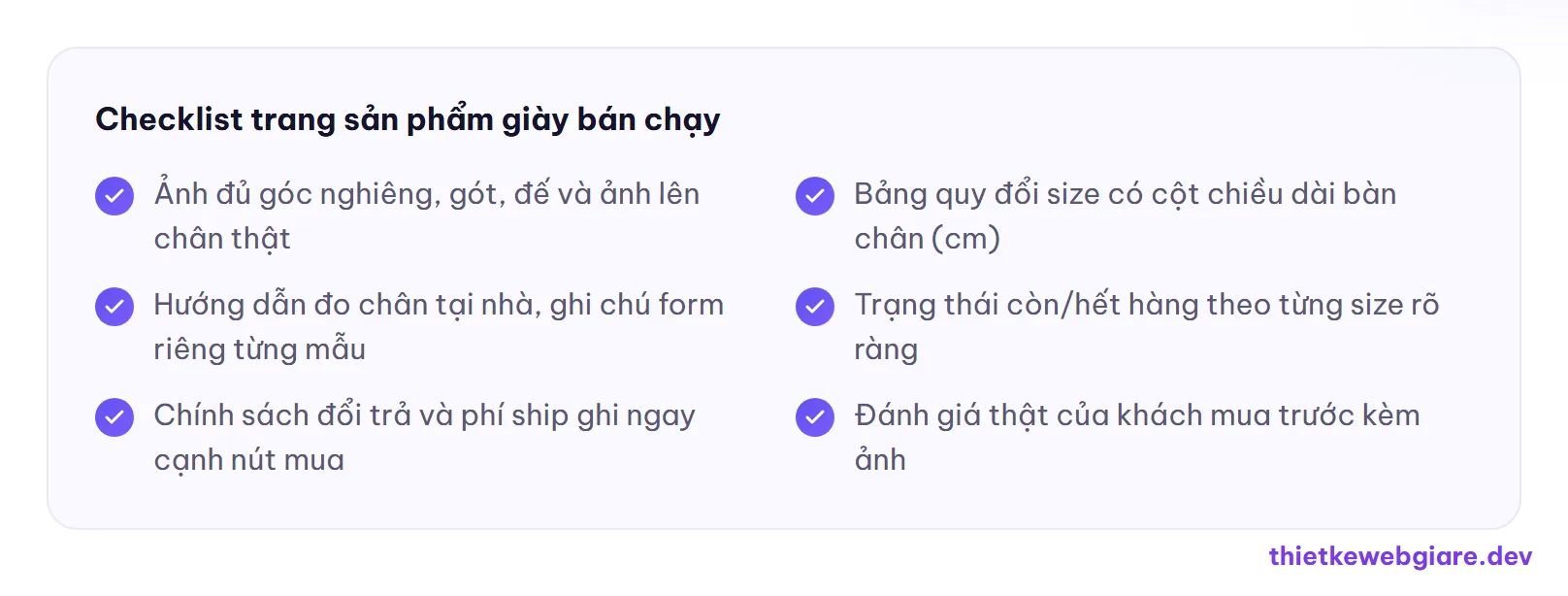 Checklist trang sản phẩm giày bán chạy — thiết kế web shop giày