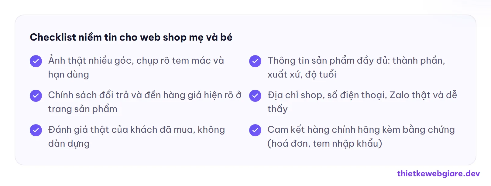 Checklist niềm tin cho web shop mẹ và bé — thiết kế web shop mẹ và bé