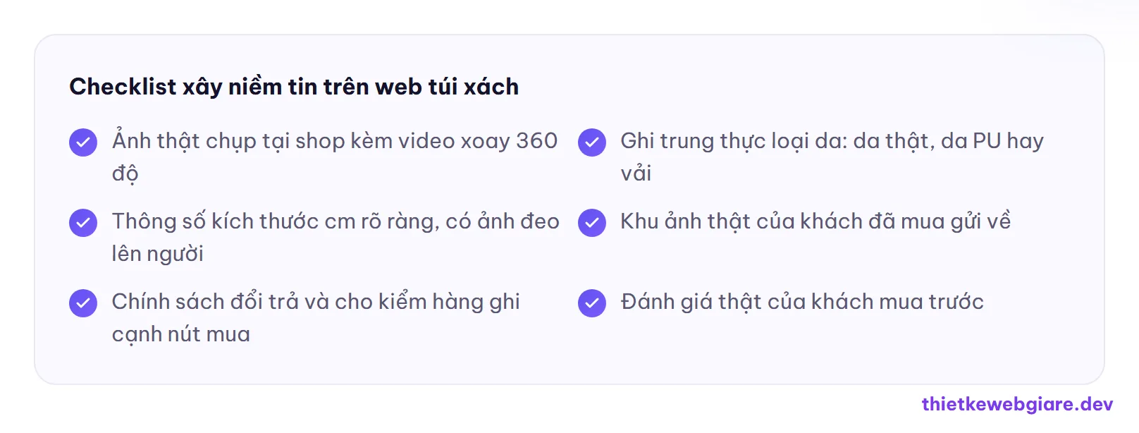Checklist xây niềm tin trên web túi xách — thiết kế web shop túi xách