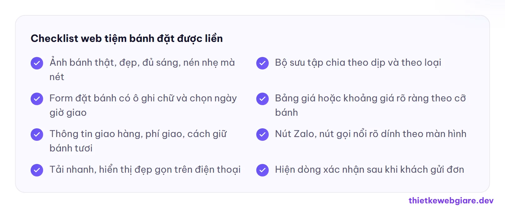 Checklist web tiệm bánh đặt được liền — thiết kế web tiệm bánh
