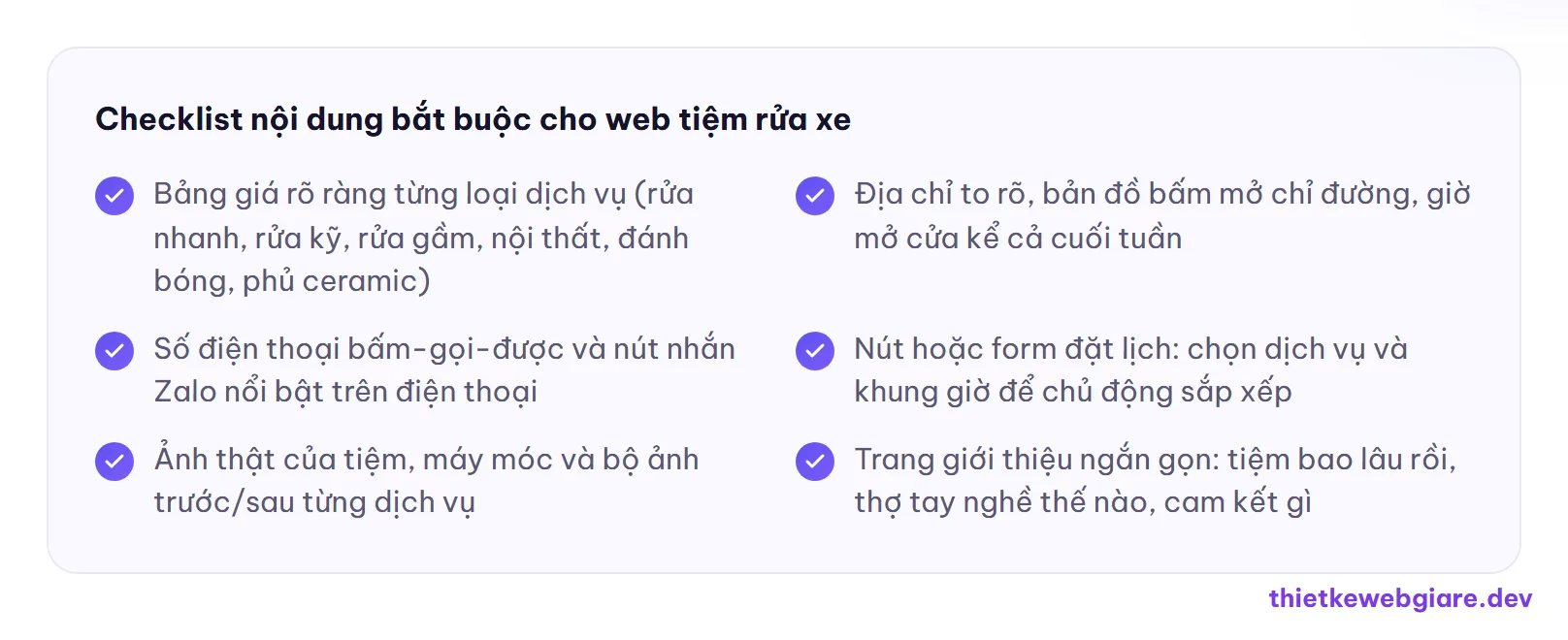 Checklist nội dung bắt buộc cho web tiệm rửa xe — thiết kế web tiệm rửa xe