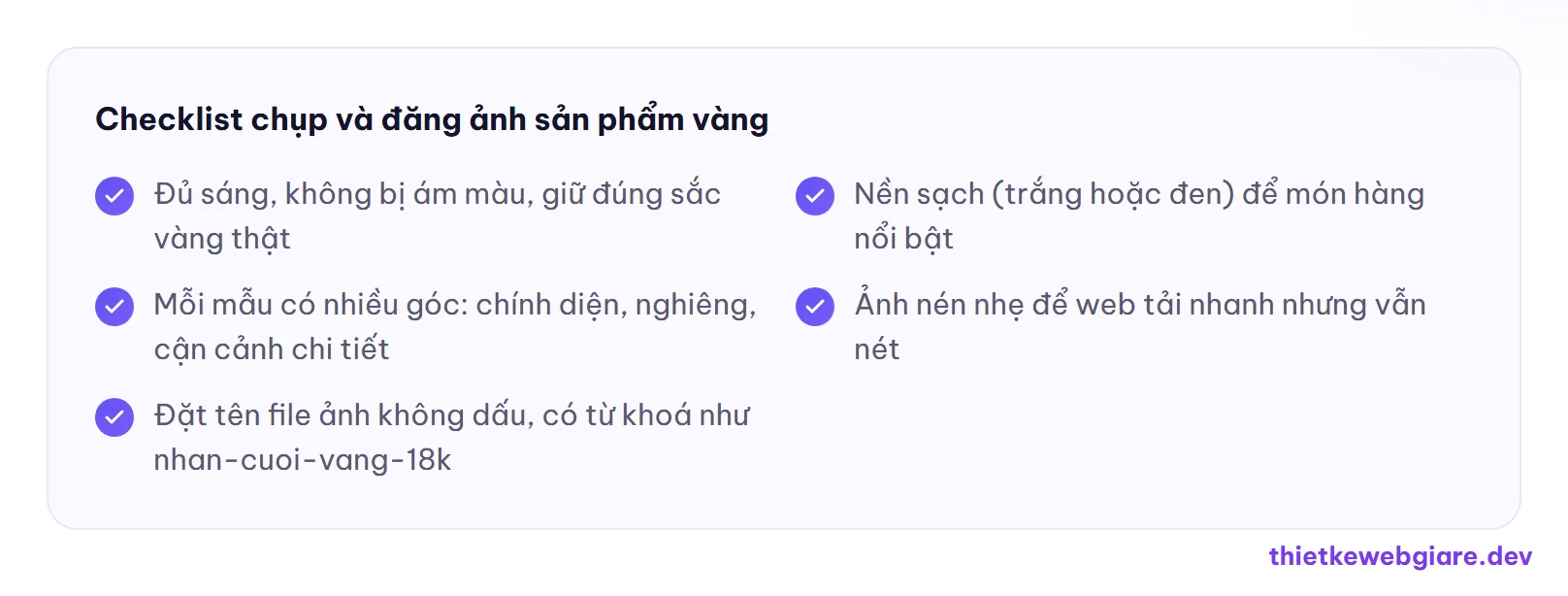 Checklist chụp và đăng ảnh sản phẩm vàng — thiết kế web tiệm vàng