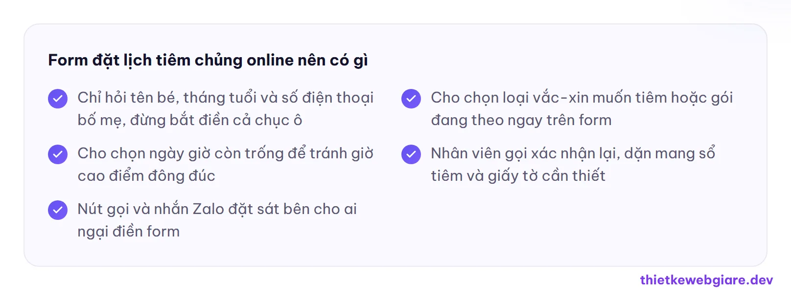 Form đặt lịch tiêm chủng online nên có gì — thiết kế web trung tâm tiêm chủng