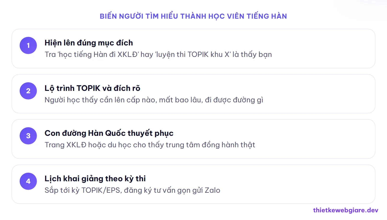 Biến người tìm hiểu thành học viên tiếng Hàn — thiết kế web trung tâm tiếng Hàn