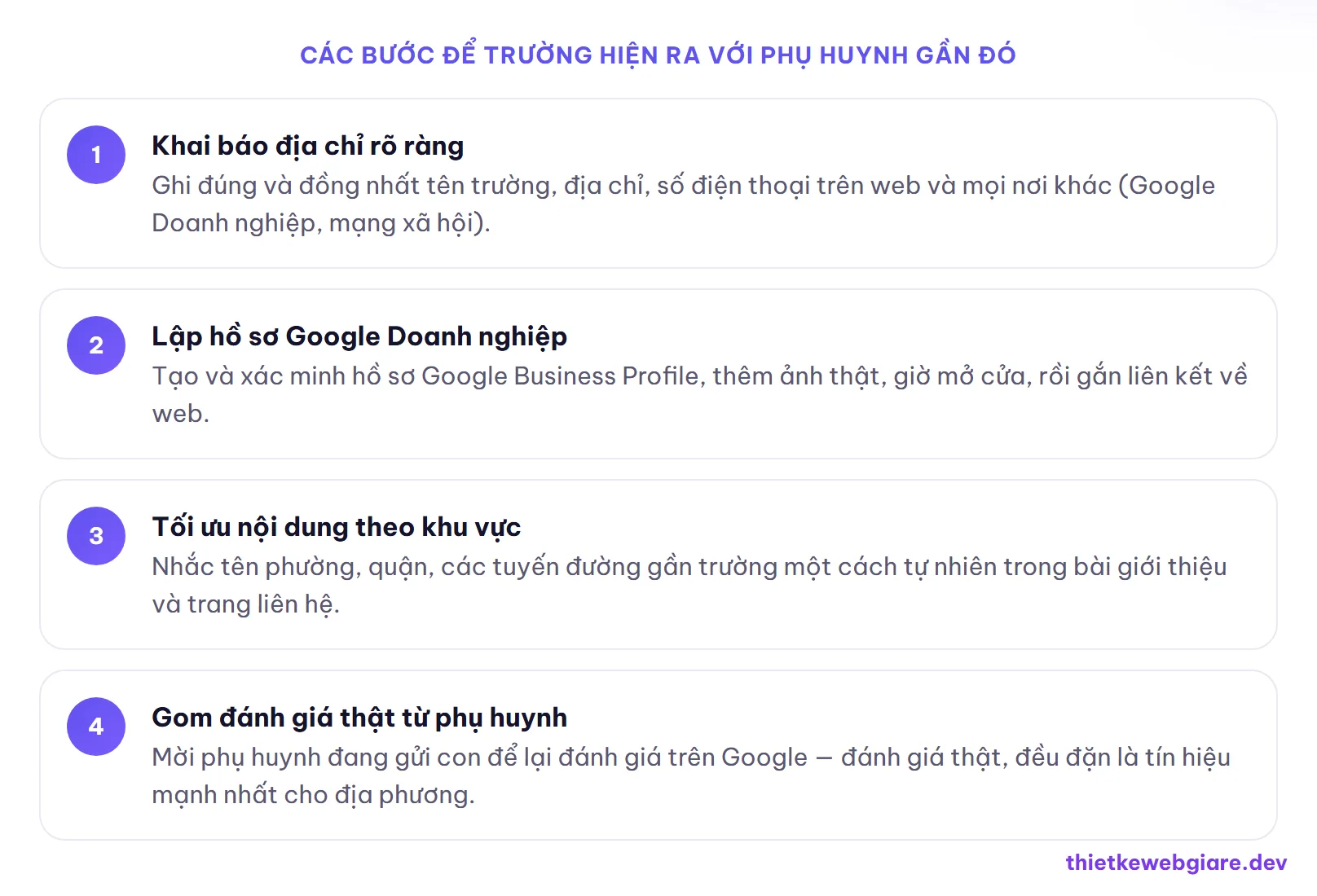 Các bước để trường hiện ra với phụ huynh gần đó — thiết kế web trường mầm non