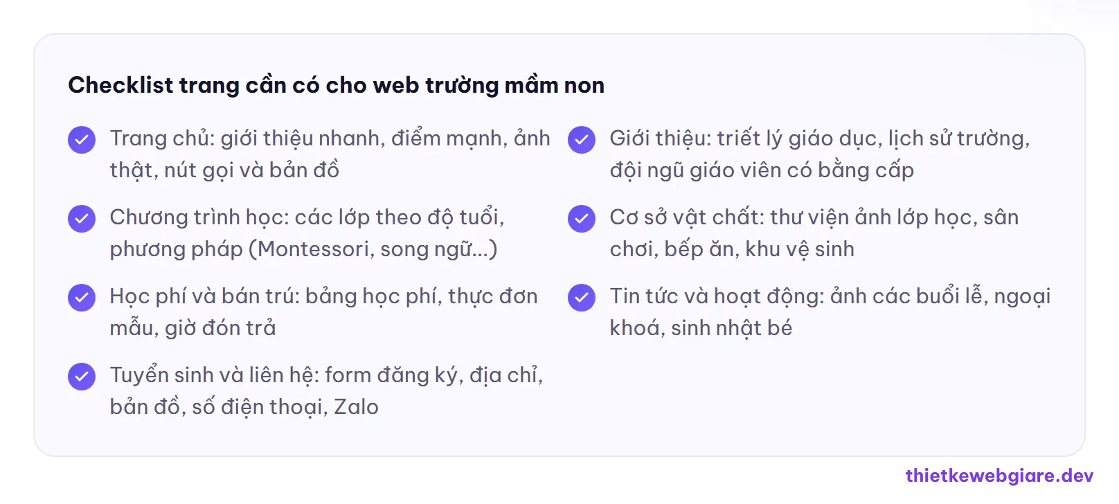 Checklist trang cần có cho web trường mầm non — thiết kế web trường mầm non
