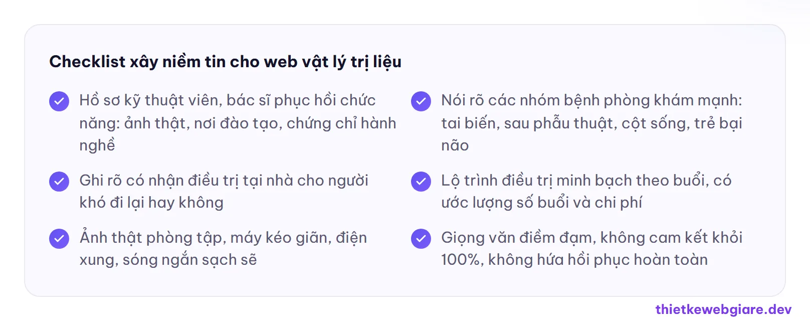 Checklist xây niềm tin cho web vật lý trị liệu — thiết kế web vật lý trị liệu