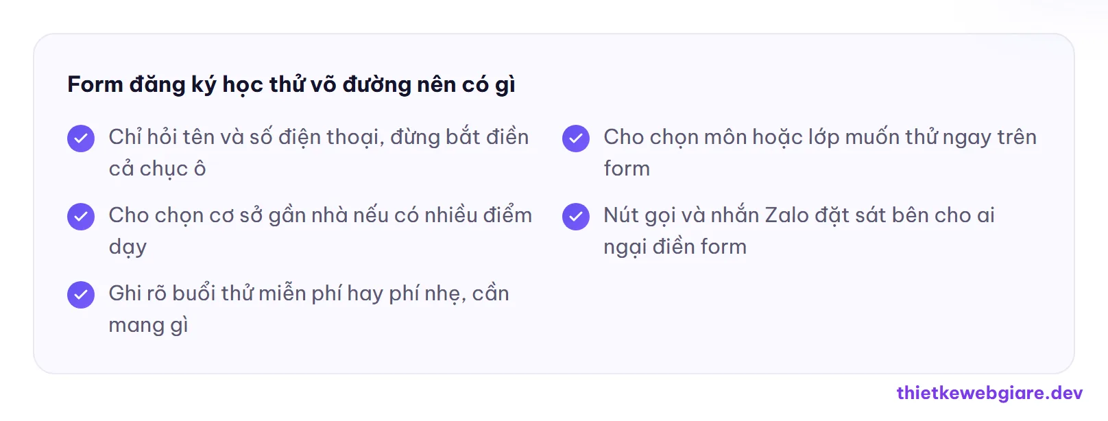 Form đăng ký học thử võ đường nên có gì — thiết kế web võ đường