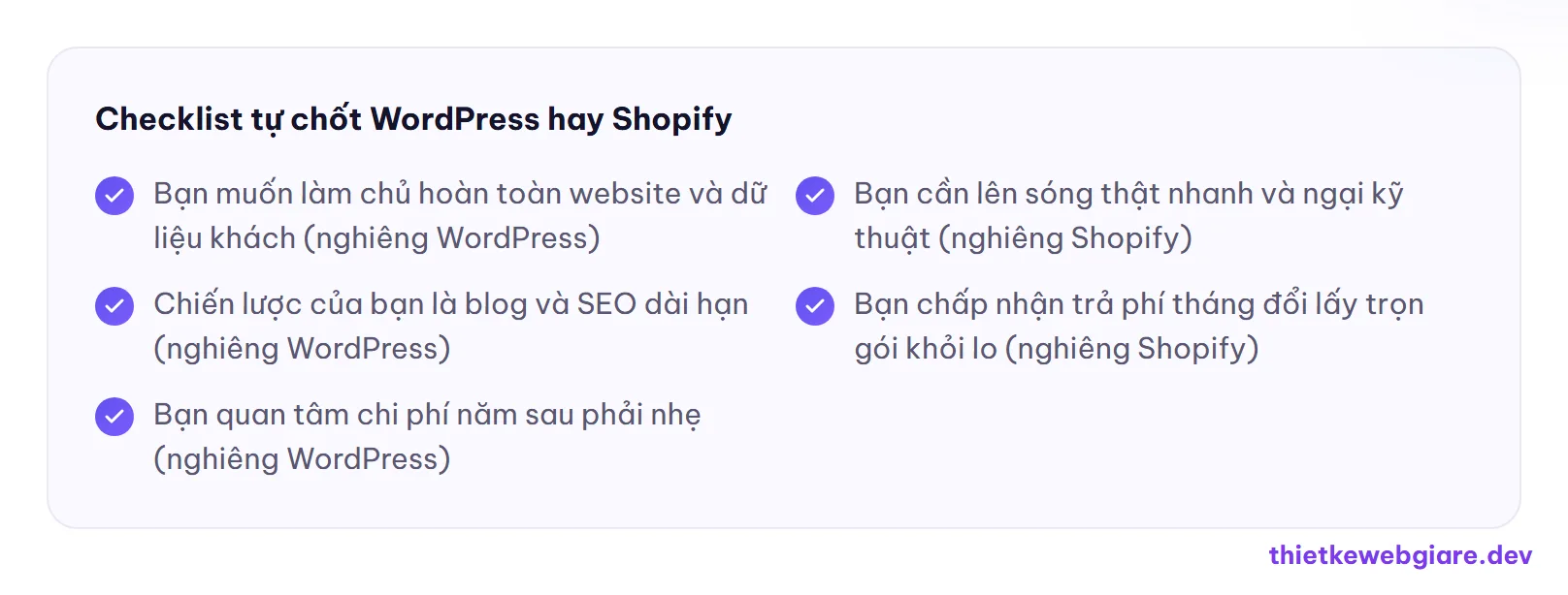 Checklist tự chốt WordPress hay Shopify — WordPress hay Shopify