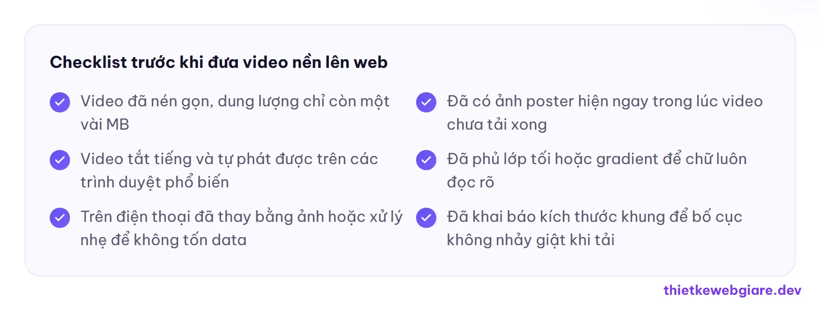 Checklist trước khi đưa video nền lên web — video nền website